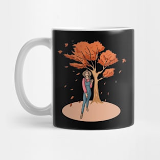 Woman Next To Tree Autumn Nature Brown Leaves Mug